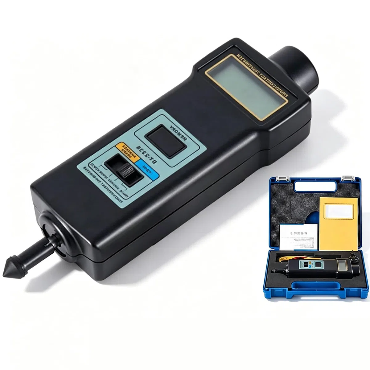 Digitaler Drehzahlmesser, kontakt- und berührungsloses 2-in-1-Drehzahlmessgerät, berührungsloser Laser-Fotosensor, Messung der linearen Geschwindigkeit (m/min, ft/min), mit 4-teiliger Sonde