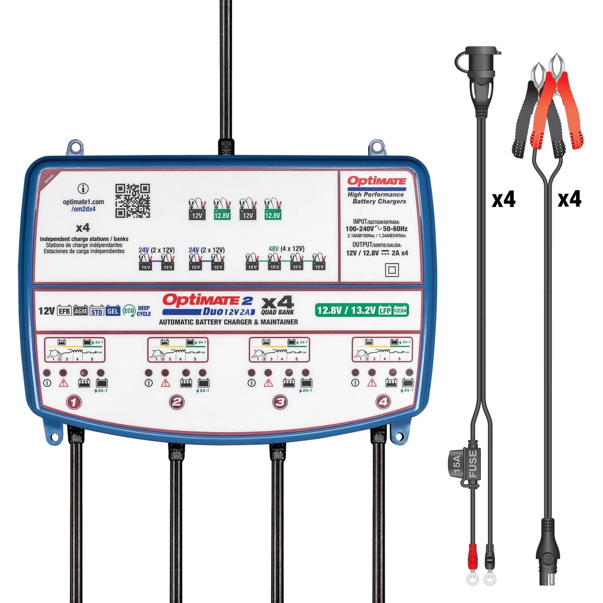 OptiMate 2 Duo x 2 Bank – 2-Bank 12V/12,8V Automatisches Ladegerät und Wartungsgerät (2A pro Bank) – Für Blei-Säure- und Lithium-LiFePO4-Batterien – Sicher, intelligent und wetterfest