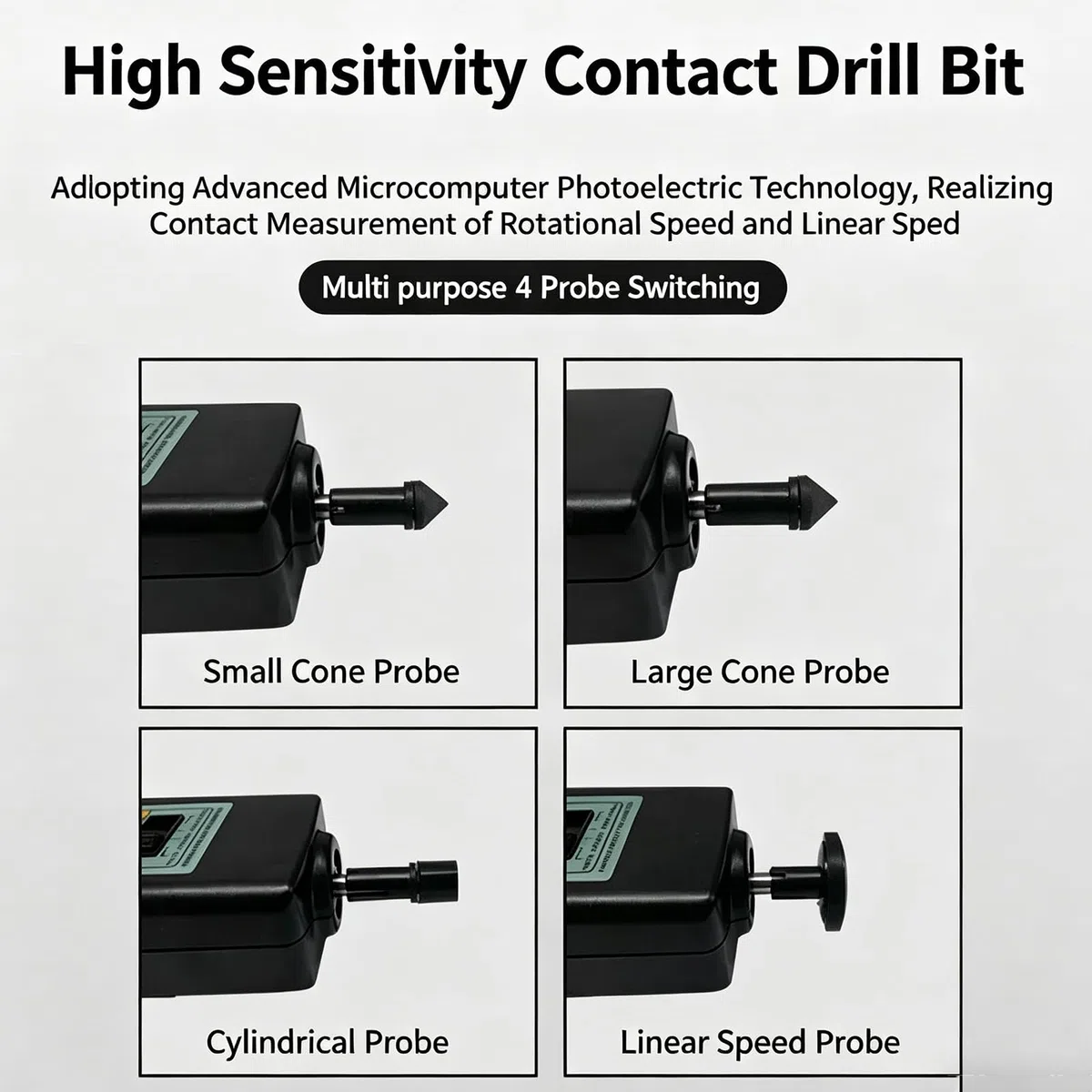 Digitaler Drehzahlmesser, kontakt- und berührungsloses 2-in-1-Drehzahlmessgerät, berührungsloser Laser-Fotosensor, Messung der linearen Geschwindigkeit (m/min, ft/min), mit 4-teiliger Sonde