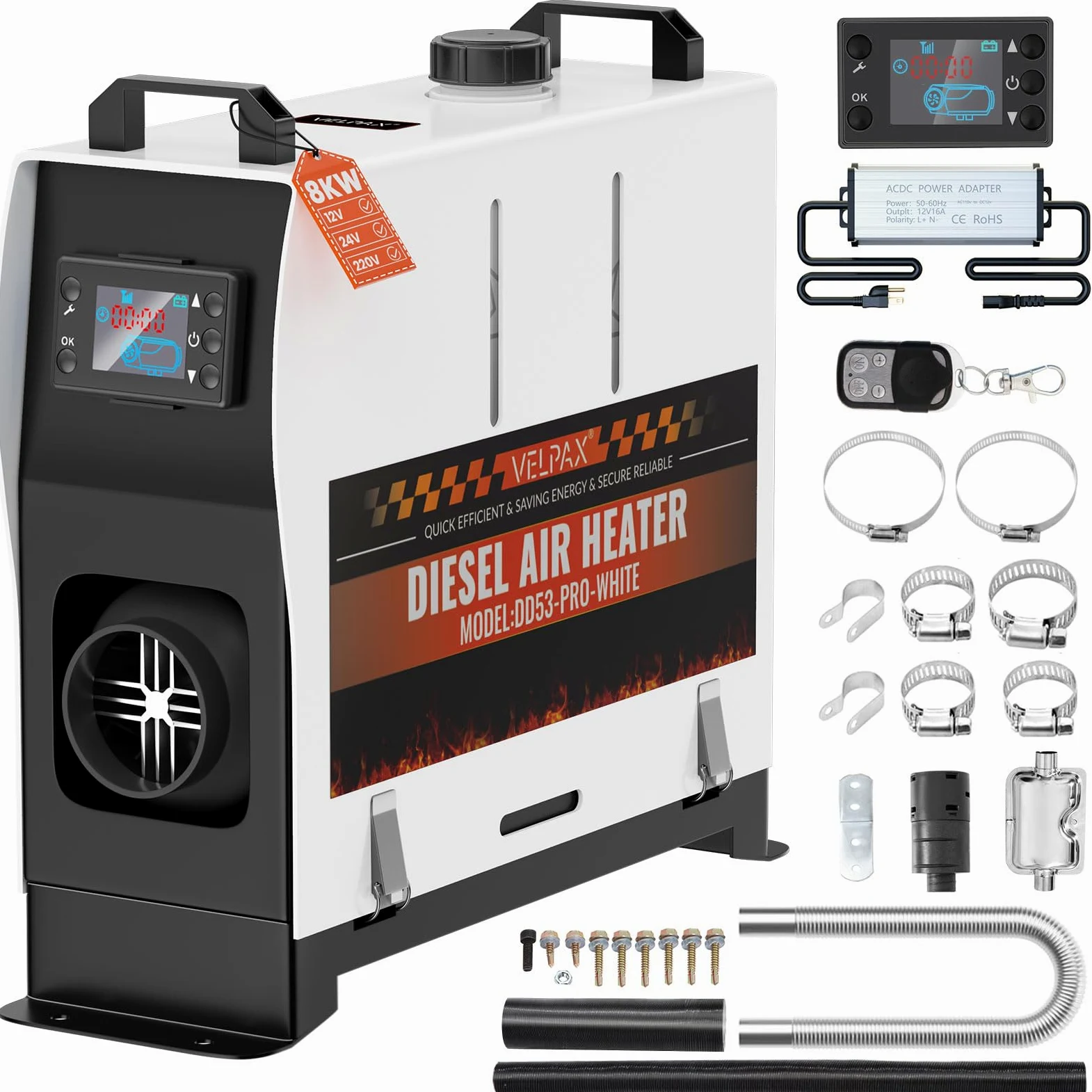 VELPAX Diesel Luftheizung All in One 8KW Dieselheizung,mit Fernbedienung & LCD-Schalterdisplay 12V & 24V & 110-240V Tragbare Dieselheizung für LKW Schnelles Aufheizen Bus,usw,RV Boote.