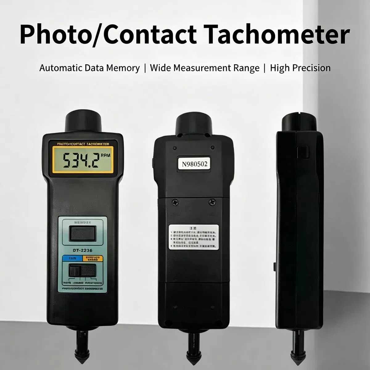 Digitaler Drehzahlmesser, kontakt- und berührungsloses 2-in-1-Drehzahlmessgerät, berührungsloser Laser-Fotosensor, Messung der linearen Geschwindigkeit (m/min, ft/min), mit 4-teiliger Sonde