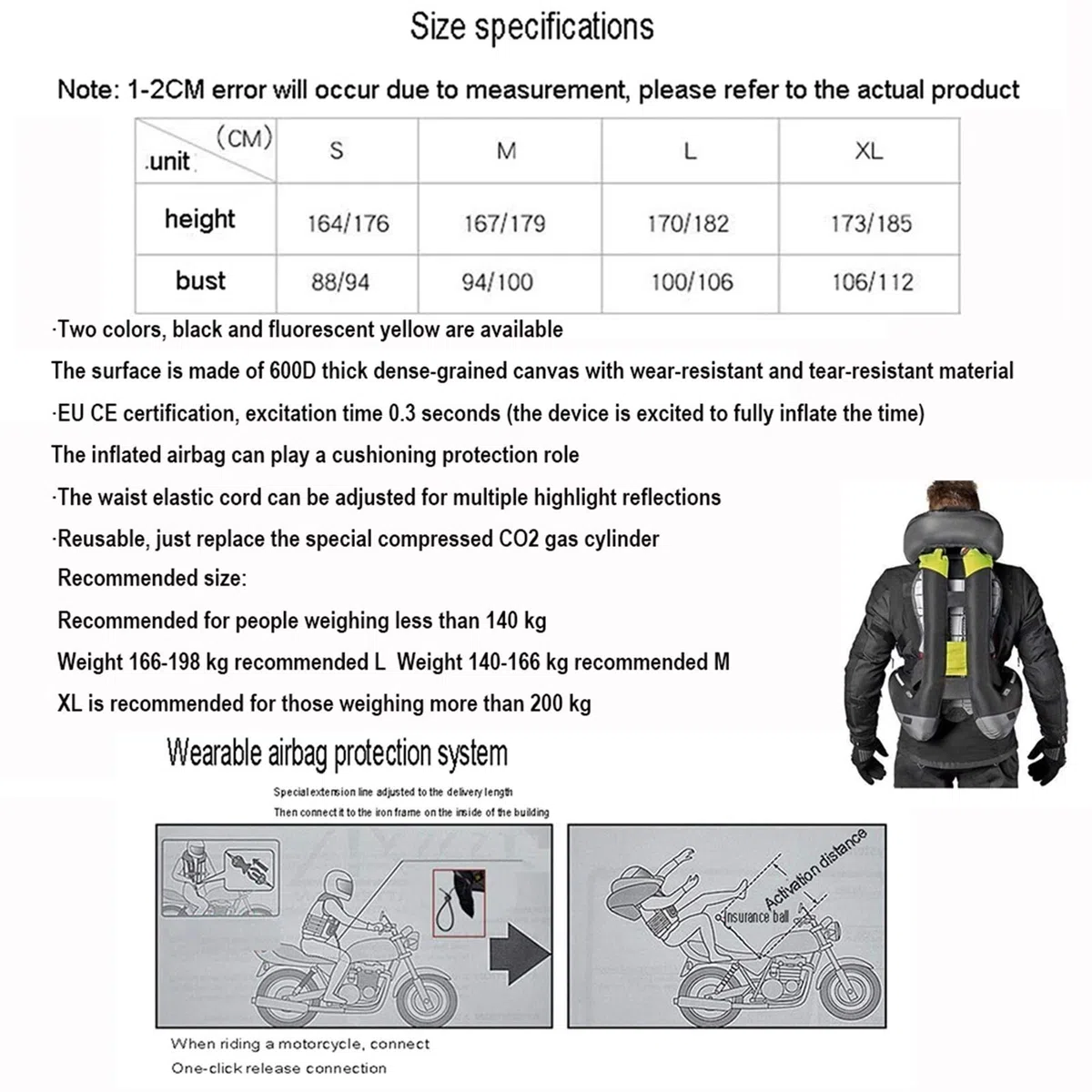 Multifunktionale AirbagWeste zum Radfahren, AirbagWeste löst den Airbag in 0,3 Sekunden aus, empfindlich und präzise, wiederverwendbar, die Oberfläche kann gereinigt werden (2 Farben, nicht mit