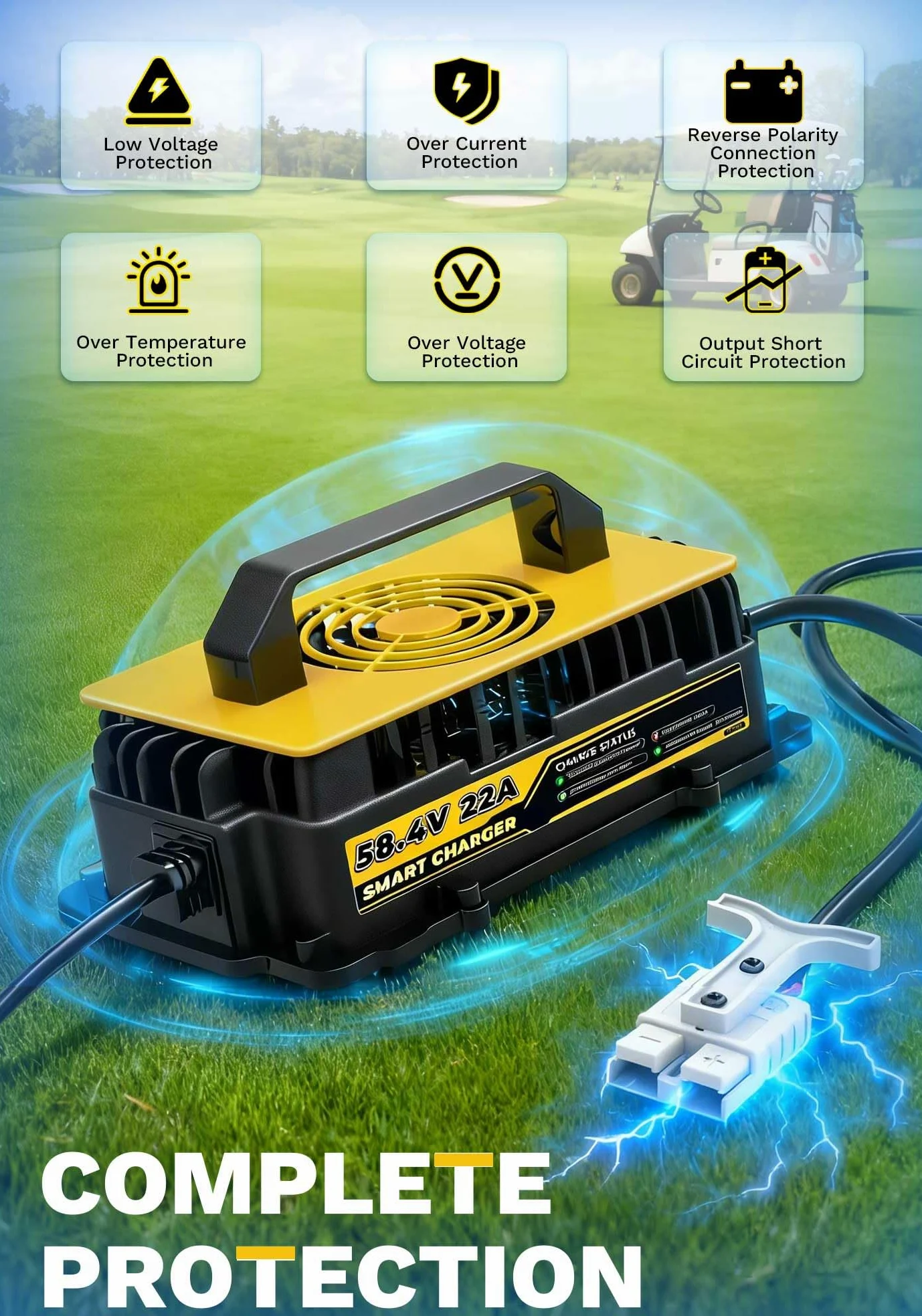 58,4V 22A LiFePO4 Lithium Batterie Ladegerät für 48V(51,2V) LiFePO4 Lithium Batterien, IP67 Wasserdicht Akku Ladegerät für Wohnmobile, Boot, Solar, Golfwagen